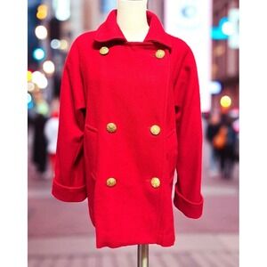 Stephane Mathews II Red Wool Blend Gold Button Pea‎ Coat Jacket Womens Size 6